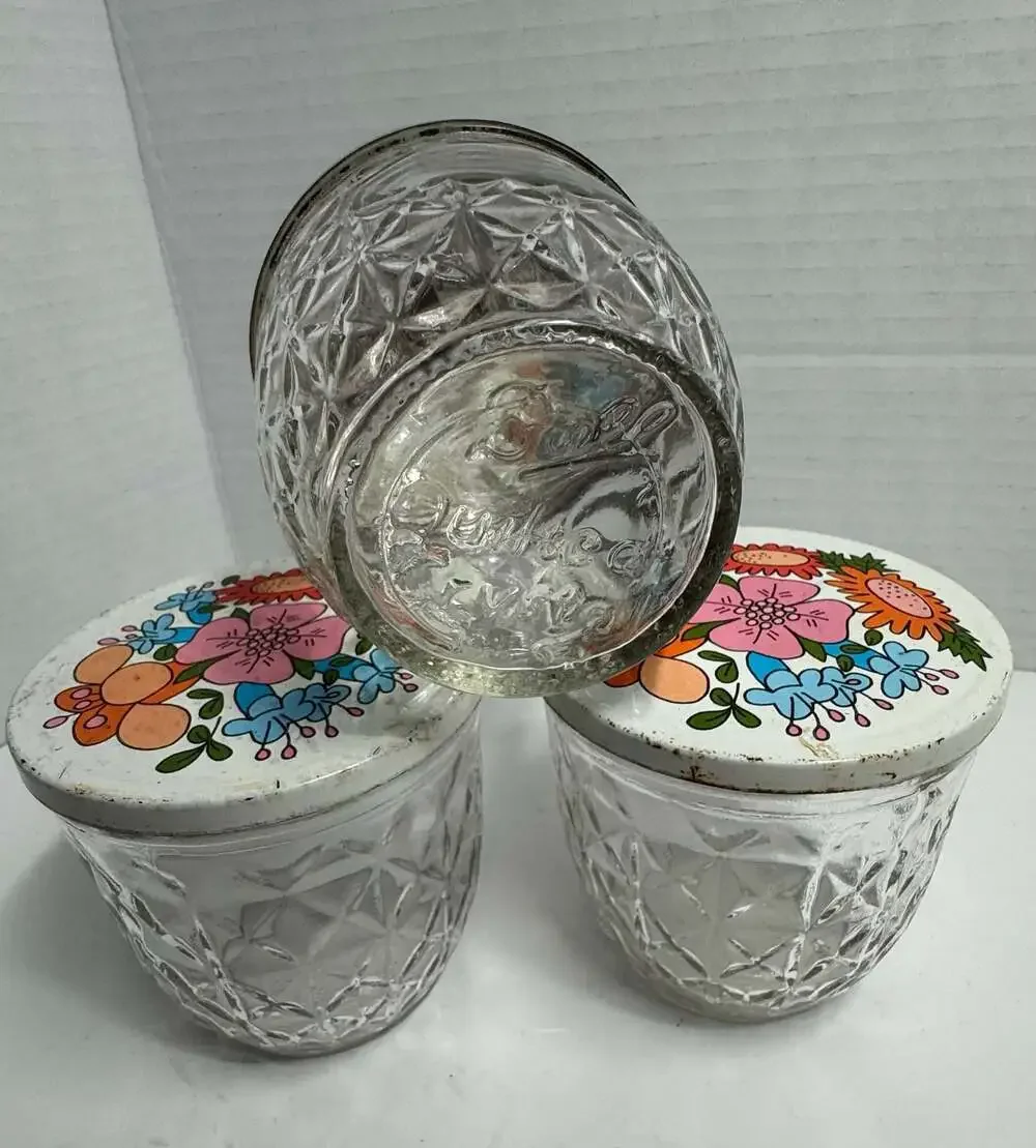 Set of 3 Vintage Ball Quilted Crystal Jelly Jars with Decorative Metal Lids